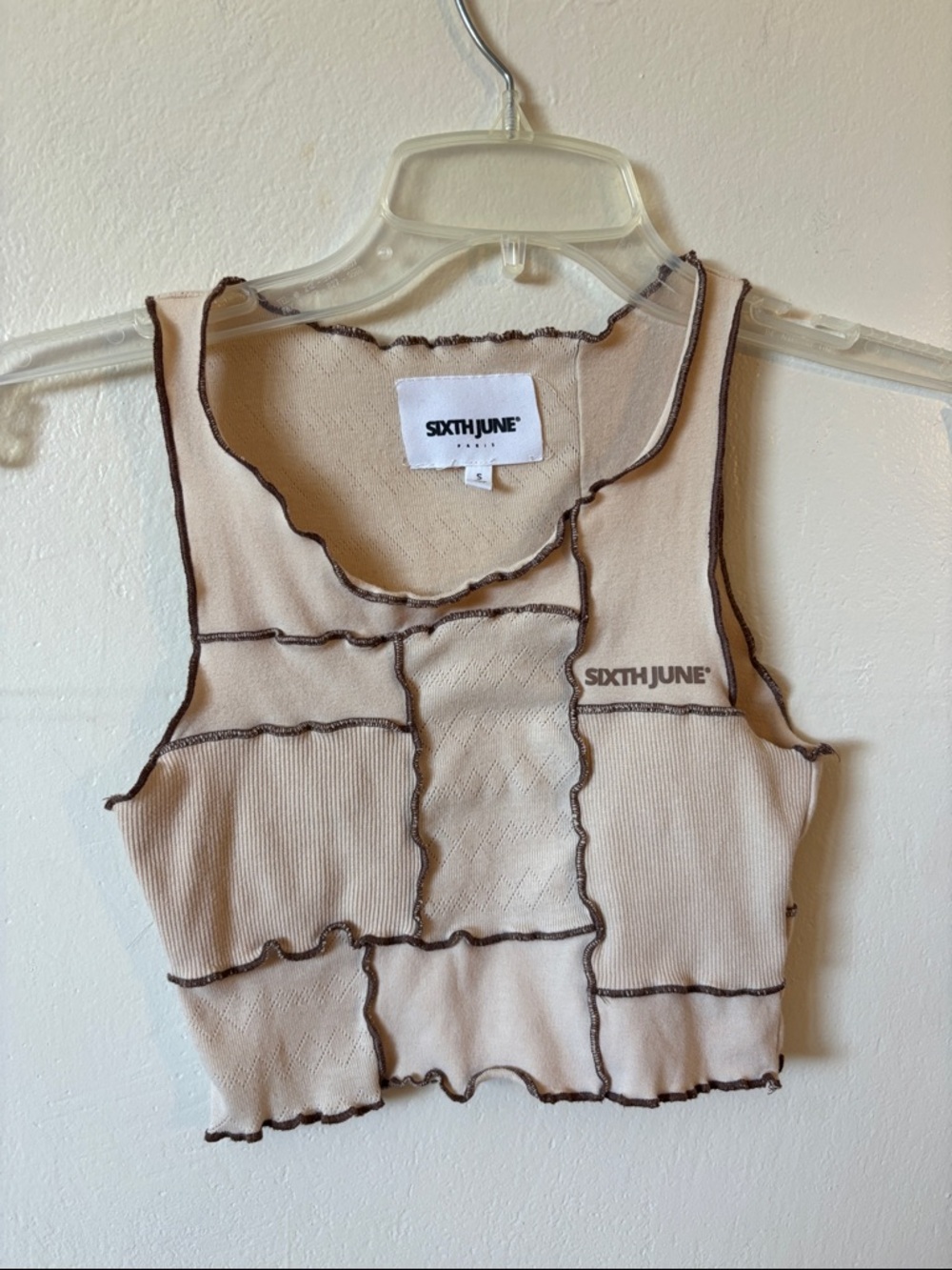 Sixth June Beige Contrast Stitch Cropped Tank